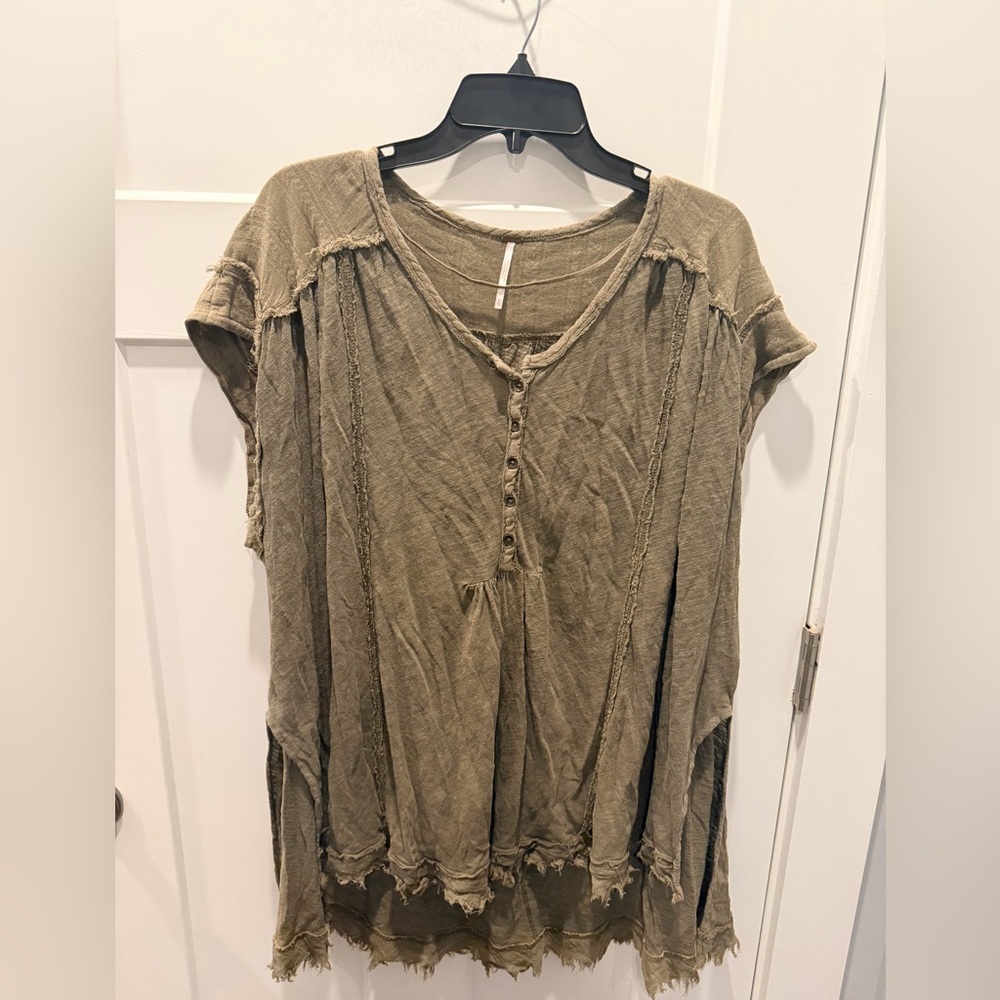 Free People Olive Linen Blend Boho Raw Hem Henley Peasant Top S
